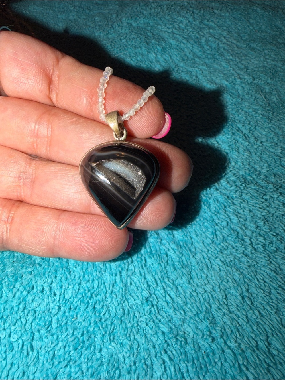 Silver-Trim Black Druzy agate Teardrop Pendant with moonstone Necklace